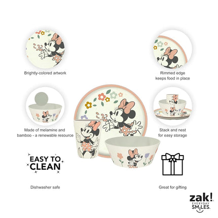 Zak Designs Disney Kids Dinnerware Set 3 Pieces, Durable and Sustainable Melamine Bamboo Plate, Bowl, and Tumbler are Perfect for Dinner Time with Family (Minnie Mouse)