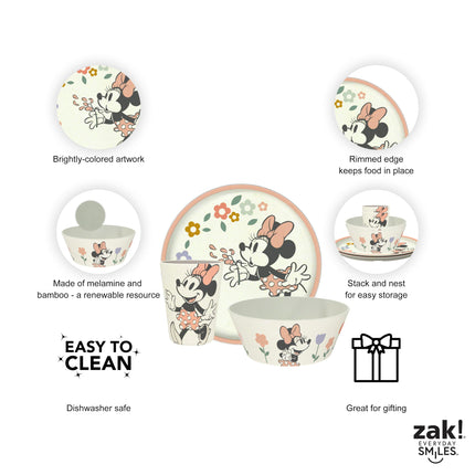 Juego de vajilla Zak Designs Disney para niños, 3 piezas, plato, tazón y vaso de melamina y bambú duraderos y sostenibles son perfectos para la hora de la cena en familia (Minnie Mouse)