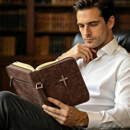 Vegan Leather Bible Cover for Men & Women, Bible Case with Gift Box, Christian Catholic Religious Bible Gifts（Brown