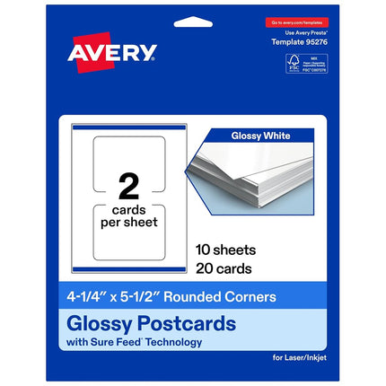Avery Printable Rectangle Rounded Corner Postcards with Sure Feed Technology, 4.25" x 5.5", Glossy White Cardstock, Print-to-the-Edge, Laser/Inkjet Cards, 20 Total