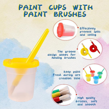 30PCS Spill-Proof Paint Cups with Paint Brushes, FHDUSRYO No Spill Paint Cups with Colored Lids, Paint Containers with Lids Toddler Paint Set for Kids