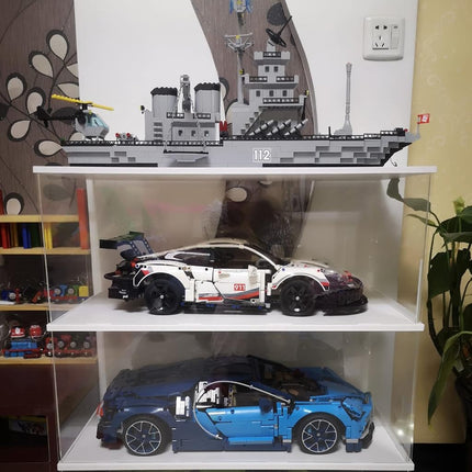 Choowin 2-Layer Acrylic Display Case for 1/8 Scale Diecast Model Car Display Case for Lego 42083 42115 42143 Display Case for Collectibles Figures Toy Assemble Dustproof Display Box with Door(White)