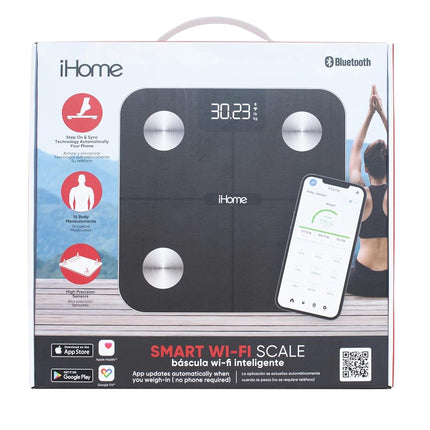 iHome Digital WiFi Smart Scale for Body Weight, Weight Scale with 14 Indicators, Including BMI, Body Fat, Muscle Mass, Batteries Included (Black Smart WiFi)
