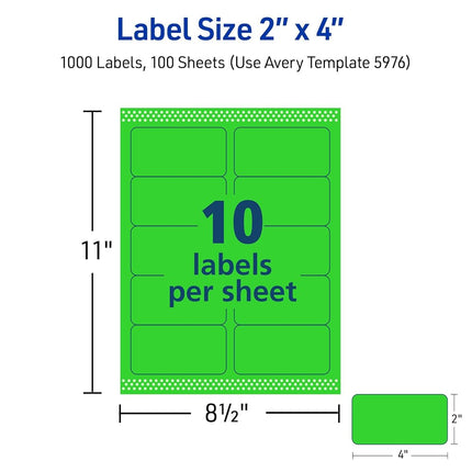 Avery Printable Shipping Labels with Sure Feed, 2" x 4", Neon Green, 1,000 Blank Mailing Labels (5976)