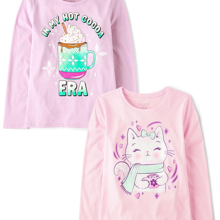 Lot de t-shirts graphiques quotidiens à manches longues assortis pour filles The Children's Place, ère cacao chaud/tasse chat, grande taille