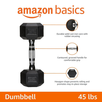 Amazon Basics Rubber Encased Exercise and Fitness Hex Dumbbell Hand Weight for Strength Training, 20.4kg / 45lbs