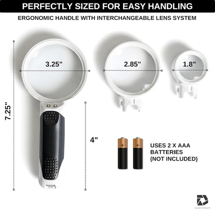 Deluxe Products Lighted Magnifying Glass with 3 Interchangeable Lens and Dual LED Lights. Perfect for Reading Books and Small Print. Good for Seniors with Macular Degeneration.,White,SON-DP-7543
