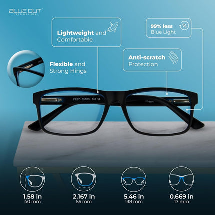 Gafas de bloqueo de luz azul de CORTE AZUL – Gafas para juegos de monitor de computadora antifatiga que previenen dolores de cabeza Gafas para jugadores unisex-adulto|Negro/Azul|Grande