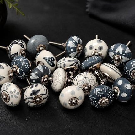 JGARTS - 20 x Hand Painted Ceramic Cabinet Drawer Knobs Grey and Cream White