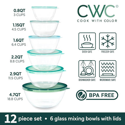 COOK WITH COLOR 12 Pc Glass Mixing Bowl Set with Lids – Borosilicate Glass Nesting Bowls for Cooking, Baking and Meal Prep, Sage