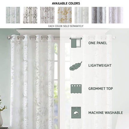 Madison Park Semi Sheer Curtain Modern Contemporary Botanical Print Out Design, Grommet Top, Single Window Drape for Living Room, Bedroom and Dorm, 50x63", Bird Grey