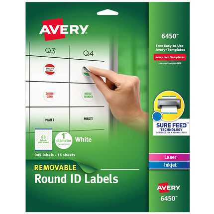Etiquetas redondas multiusos extraíbles Avery con tecnología Sure Feed, 1", 5 paquetes (6450)