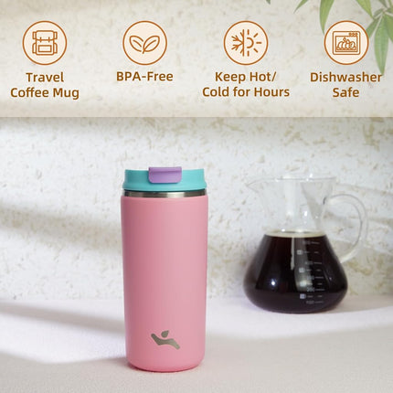 Konokyo Tumbler with Lid, 12 oz Travel Coffee Mug Double Wall Vacuum Stainless Steel Thermal Metal Cup Insulated Water Bottle,Pink