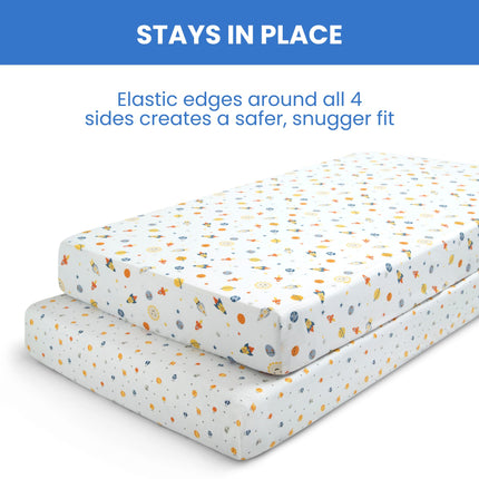 Delta Children Fitted Crib Sheets for Girls and Boys - Crib Sheet for Standard Crib and Toddler Mattresses - 28x52 Inch (Pack of 2), Space Exploration