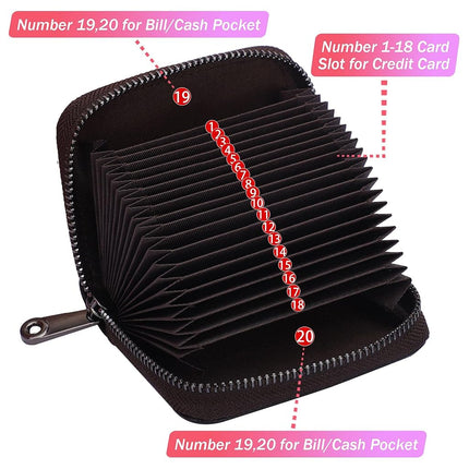 Linno RFID Cartera de piel auténtica con 20 ranuras para tarjetas de crédito, pequeña, para mujer u hombre, con cremallera, color café, tarjetero de acordeón moderno