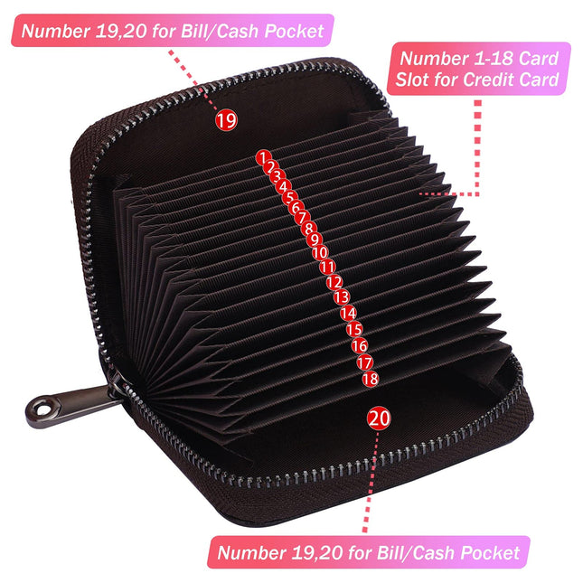 Linno RFID 20 emplacements Porte-cartes de crédit en cuir véritable Petit portefeuille pour femmes ou hommes avec fermeture éclair, Café, Porte-cartes accordéon tendance