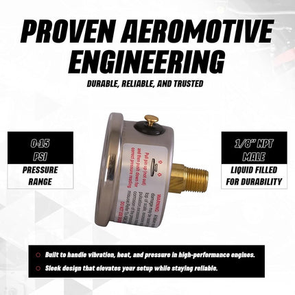 Manomètre de pression de carburant Aeromotive 15632, 0-15 PSI, 1/8" NPT, rempli de liquide, cadran de 1,5" de diamètre