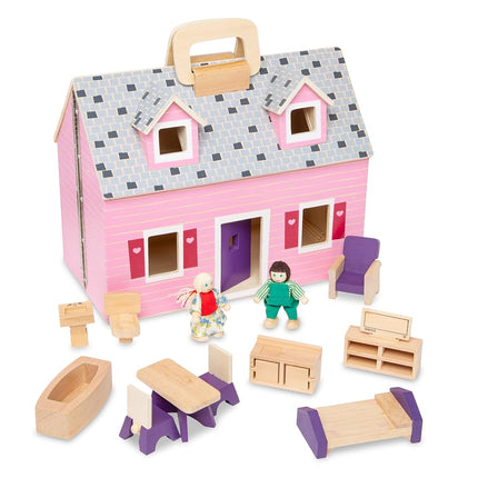 Melissa & Doug Fold and Go Wooden Dollhouse With 2 Dolls and Wooden Furniture Portable Small Dollhouse for Kids Ages 3+