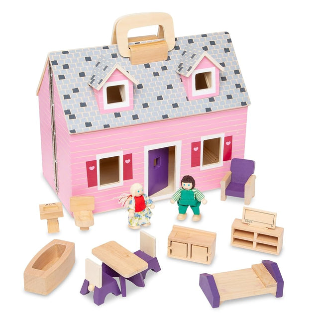 Melissa & Doug Fold and Go Wooden Dollhouse With 2 Dolls and Wooden Furniture Portable Small Dollhouse for Kids Ages 3+