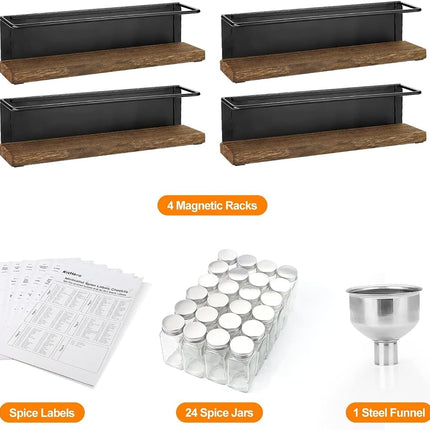 KitHero Magnetic Spice Rack with 24 Jars, 216 Labels, 1 Steel Funnel for Refrigerator，Microwave Oven - Full Set of Spice Organizer