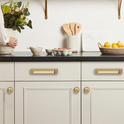 khtumeware 10 Pack 3-3/4" Drawer Pulls Brushed Brass Cabinet Cup Pulls Kitchen Hardware Brushed Gold Cabinet Handles Drawer Handles Knobs 3-3/4 inch Hole Center