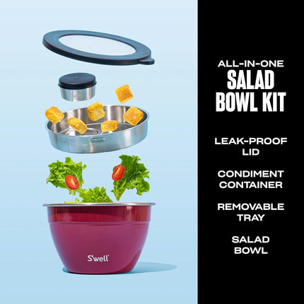 S'well Stainless Steel Salad Bowl Kit 64 Ounces Wild Cherry Comes with 2 Ounces Condiment Container and Removable Tray for Organization Leak-Proof, Easy to Clean, Dishwasher Safe