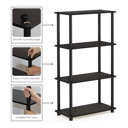Furinno TURN-N-TUBE Storage Shelves, 4-Tier Toolless Book Shelf, Corner Shelf, Toolless Open Shelves, for Organization and Storage, Living Room, Garage, Home Office, Espresso