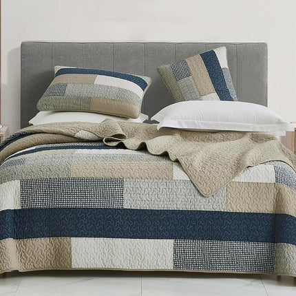 Chezmoi Collection Dylan 2-Piece Navy Blue White Gray Taupe Plaid Rectangular Patchwork Quilt Set - Pre-Washed Cotton Coverlet - Lightweight Bedspread for All Seasons, Twin Size
