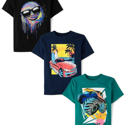 The Children's Place Camisetas gráficas de manga corta con vehículos para niños, paquetes múltiples, Sonrisa/Coche/Camión monstruo, Pequeña