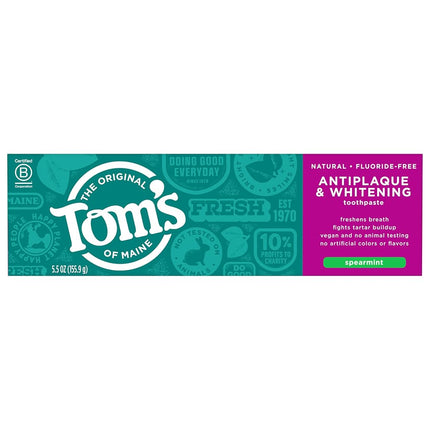 Tom's of Maine Antiplaque and Whitening Fluoride Free Toothpaste, Spearmint, 5.5 Ounce, 2 Count