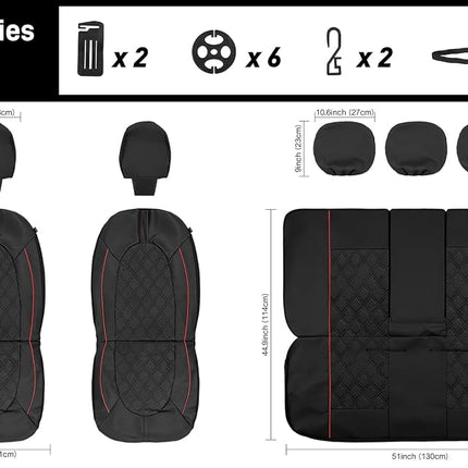 CAROMOP Luxury PU Leather Car Seat Covers Full Set-Waterproof Seat Protectors with Split Bench Seat Covers for Cars-Universal Cars Interior Covers for Sedans, SUVs, Pick-up Trucks (Black/Red Line)
