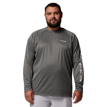 Columbia Men's PFG Terminal Tackle Long Sleeve Shirt, Charcoal Heather/Cool Grey Logo, 4X