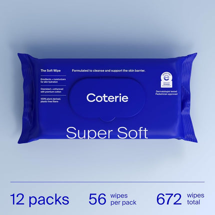 Coterie Clean Gentle Baby Essentials Soft Wipes for Sensitive Skin, Cotton, Vegetable Fibres and Plastic-Free, Hypoallergenic, Pack of 12