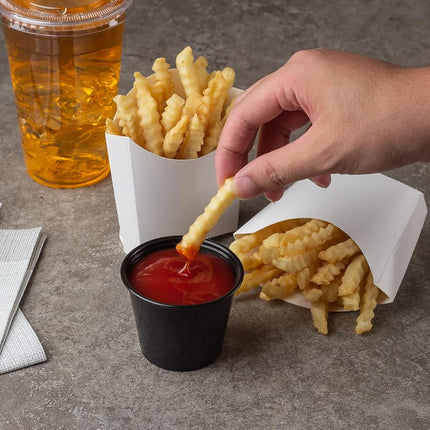 Vaso para papas fritas Bio Tek de 4.5 x 3.2 x 3.9 pulgadas, 100 vasos desechables para refrigerios - Apilables, sostenibles, papel blanco, soporte de 3 onzas para papas fritas, aros de cebolla, palomitas de maíz o galletas - Restaurantware