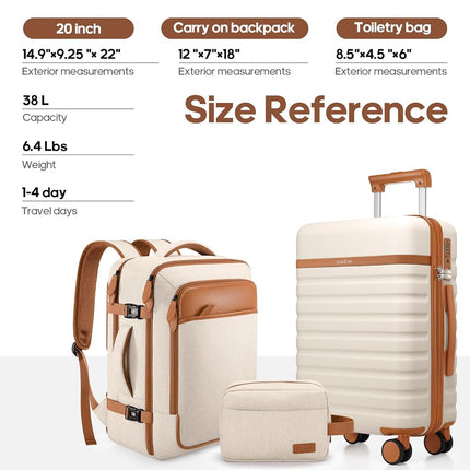 UKEIN Luggage Sets 3 Piece, Carry On Luggage 20In With Spinner Wheels,PC Hardside Suitcase Set with TSA Lock,Durable Carry On Suitcase With Travel Backpack for Men, Beige, 3 piece set (20inch