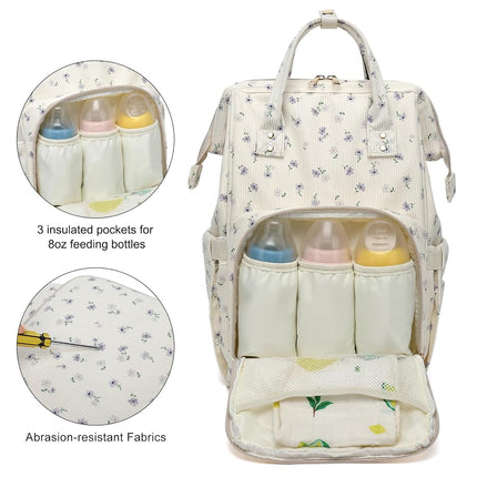 Dezcrab Baby Diaper Bag Backpack for Mom, Large Capacity Travel Nappy Bag for Boys & Girls with Stroller Straps (Corduroy Flowers Purple)
