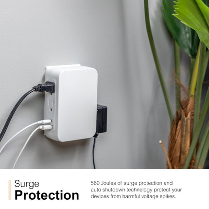 Extensor de pared de 5 tomas USB C de GE, acceso lateral, protector de sobretensión, multitoma, USB A, 3 clavijas, instalación segura, blanco, 83503