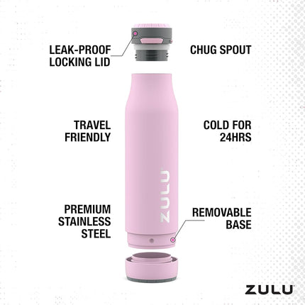 ZULU Ace 24oz Vacuum Insulated Stainless Steel Water Bottle with Chug Spout, Leak-Proof Locking Lid and Removable Base, Metal Reusable Bottle for Sports Gym Travel, Pink Cashmere