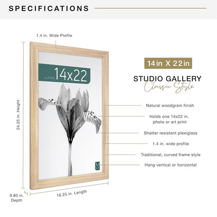 MCS Studio Gallery Classic 14x22 Poster Frame Natural Woodgrain, Vertical & Horizontal Wall Hanging Large Picture Frame for Photos, Posters & Art Prints (1-Pack)