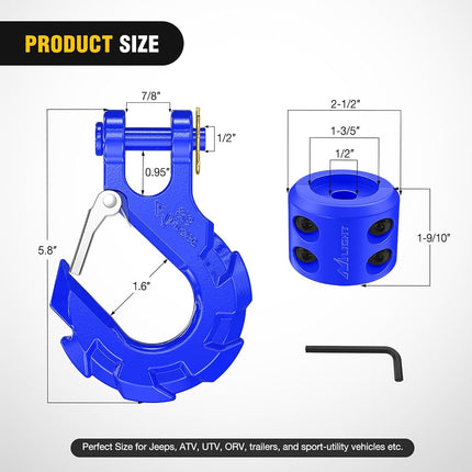 Nilight Forged Steel Winch Hook 3/8" Grade 70 Safety Latch Winch Cable Hook Stopper & Clevis Slip Hook Sets, Included Allen Wrench,Max 35,000 lbs,2 Years Warranty, Blue