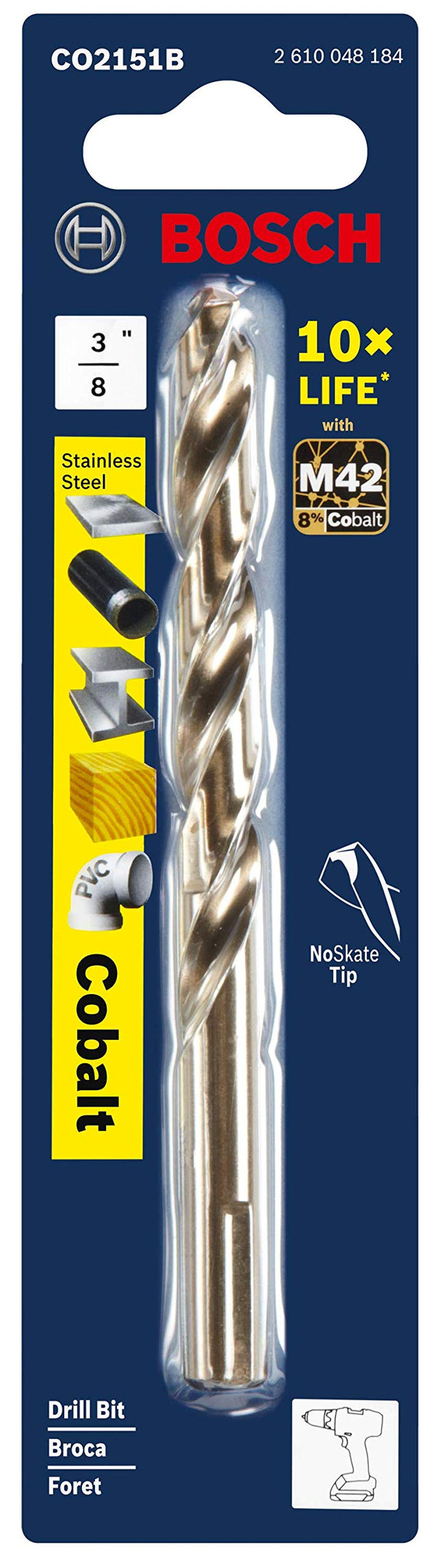 BOSCH CO2151B 1-Piece 3/8 in. x 5 in. Cobalt M42 Metal Drill Bit with Three-Flat Shank for Drilling Applications in Stainless Steel, Cast Iron, Titanium, Light-Gauge Metal, Aluminum