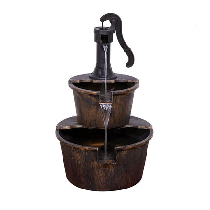 Alpine Corporation 27" Tall Outdoor Rustic 2-Tier Barrel and Pump Water Fountain with LED Lights – Garden, Patio, or Yard Decor, Bronze