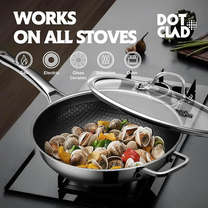 DOTCLAD Hybrid 12 inch Wok pan with Lid, PFOA and PTFE Free Cookware,Non Stick Stainless Steel Woks & Stir-Fry Pans Nonstick, Dishwasher and Oven Safe, Works on Induction, SF-Wok1