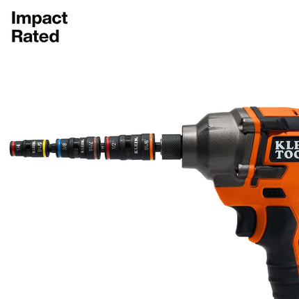 Klein Tools 32910RCHT Impact Driver, 7-in-1 SAE Impact Socket Set with Ratcheting Handle, Flip Socket with 6 Hex Driver Sizes Plus a 1/4-Inch Bit Holder