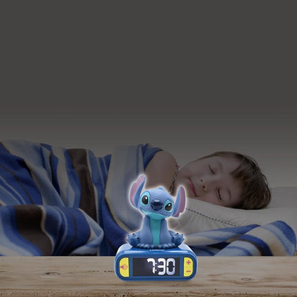 LEXIBOOK, Disney Stitch Night Light Alarm Clock, Sounds and Melodies, LCD Backlit Display, Luminous, Snooze, Blue, RL800D