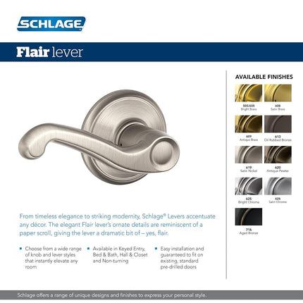 Schlage F170FLA609RH Flair Right Hand Dummy Lever, Antique Brass