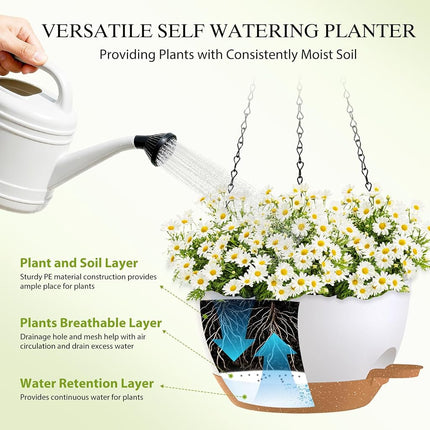 SQKH 10 Inch Hanging Baskets 2 PC with Chains, Self-Watering Hanging Planters for Indoor Outdoor Plants, Plastic Hanging Flower Pots,White Brown