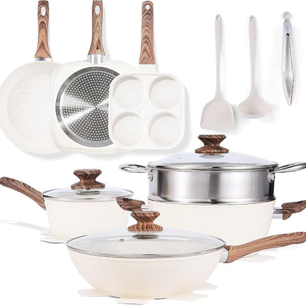 Pots and Pans Set, Induction Cookware Kitchen Set for Cooking on Stove, Nonstick Kitchen Cookware Set Frying Pans with Glass Lid and Detachable Handle, 17 Pcs, Milky White