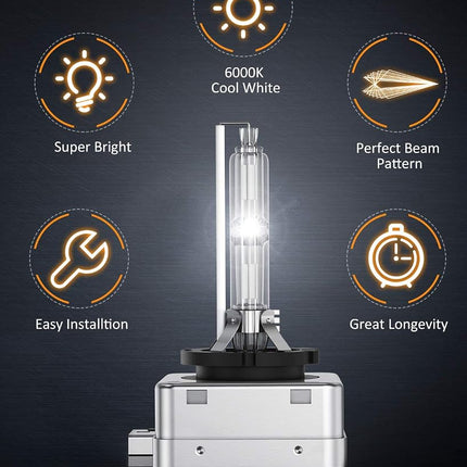 Nilight D1S HID Headlight Bulb, 6000K Diamond White D1S Bulb Super Bright High Low Beam Xenon Headlights Replacement, 2-Pack