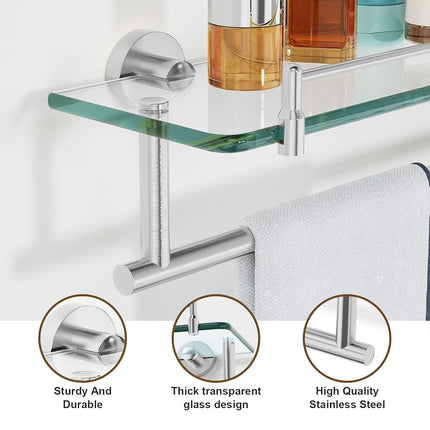 KOCOK 20-Inch Tempered Glass Bathroom Shelf with Towel Bar - Brushed Nickel & Stainless Steel, Wall Mount Rustproof Tower Holder with Shelves